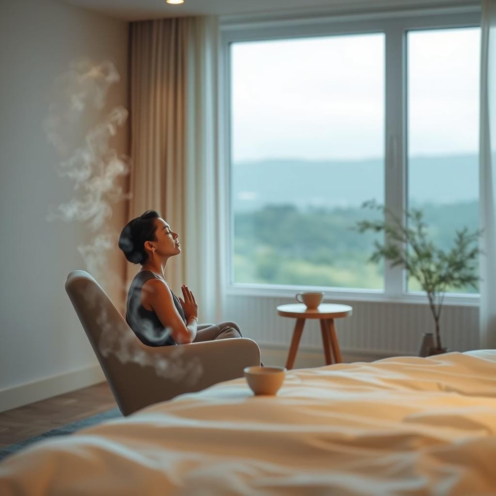 Calm and tranquil bedroom scene with soft lighting, muted colors, and serene atmosphere. In the foreground, a person sitting in a comfortable chair, eyes closed, practicing deep breathing or meditation. Surrounding them, gentle wisps of steam or mist, creating a sense of mindfulness and relaxation. In the middle ground, a small table with a cup of herbal tea or calming elixir. The background features a minimalist design, with clean lines, natural textures, and a window overlooking a peaceful, natural landscape. The overall composition conveys a sense of inner peace, quiet contemplation, and techniques for easing a busy mind before sleep.