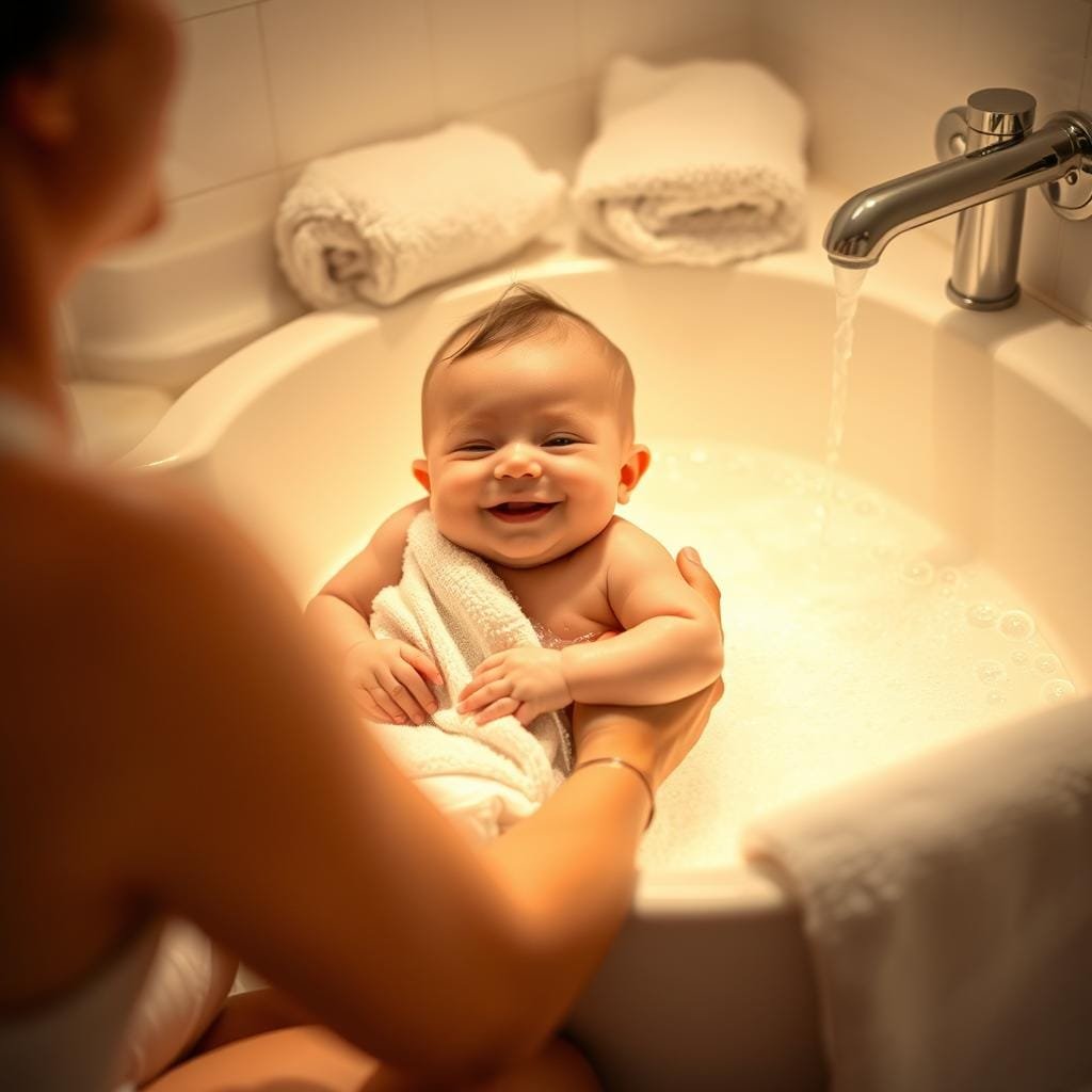 Cozy bedtime routine for a baby: a warm, softly lit bathroom with plush towels, a baby bath tub filled with gentle bubbles, and a smiling parent gently bathing a happy, content infant. Soft lighting reflects on the water's surface, casting a serene glow. Pastel colors and soft textures fill the frame, creating a peaceful, intimate atmosphere. The baby's expression is one of joy and comfort as they are cradled in loving hands, ready to be wrapped in a fluffy towel and carried off to a cozy crib for a good night's sleep.