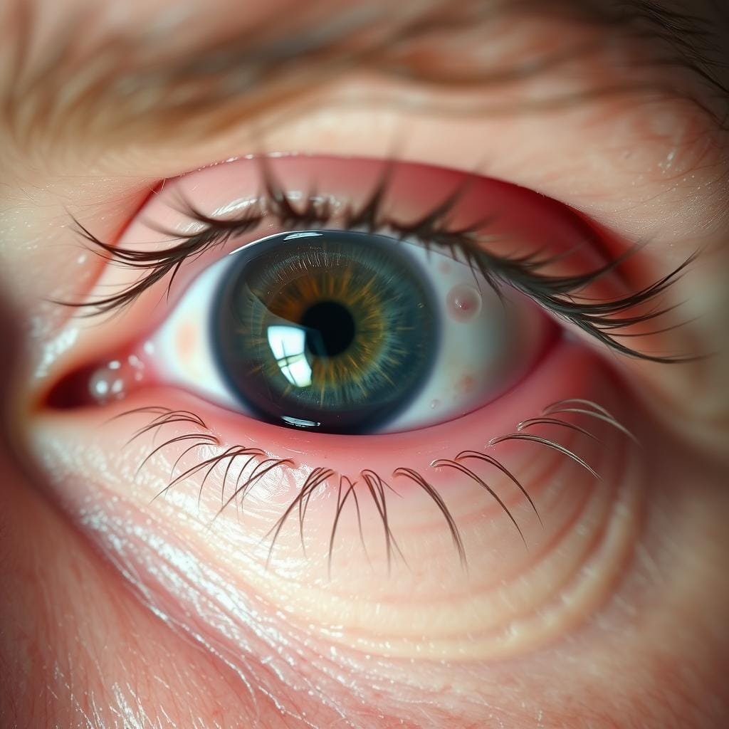 Detailed close-up view of a human eye suffering from dry eye syndrome. The eye appears visibly red and irritated, with a glazed, watery appearance. Capture the discomfort and unease experienced by the subject, conveying a sense of mild inflammation and strained, fatigued ocular tissues. Utilize natural lighting to highlight the textural details of the eye's surface, showcasing the irregular tear film and potential signs of corneal abrasion. Present the image from a slightly elevated angle to emphasize the affected area and provide a clear, diagnostic perspective for the viewer.