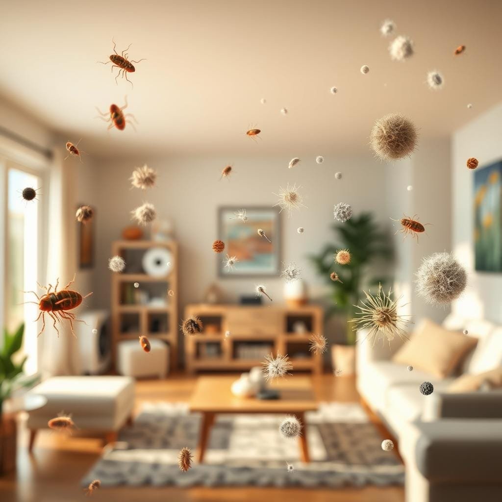Detailed interior scene showcasing various indoor air quality allergens. Bright, evenly lit room with warm, natural illumination. Foreground features close-up views of common household allergens such as dust mites, pet dander, pollen, and mold spores floating in the air. Middle ground depicts a series of air filtration devices, HVAC vents, and other indoor air quality control systems. Background shows the general domestic setting - furniture, decor, and architectural elements. Crisp, photorealistic style with high-resolution textures and subtle depth of field.