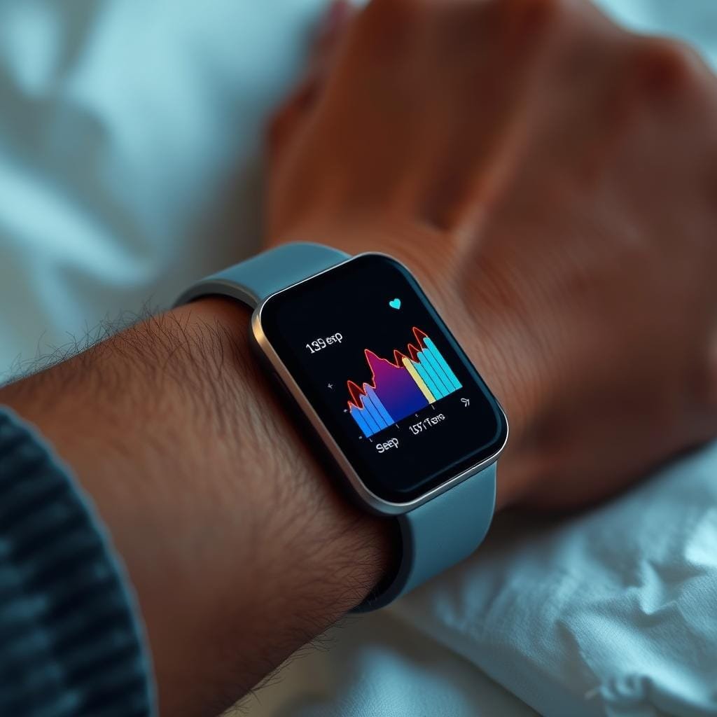 Highly detailed, close-up image of a person's wrist wearing a sleek, modern wearable sleep tracker device. The device's display shows a colorful graph visualizing the wearer's sleep stages and patterns over the course of the night. The skin tones, textures, and lighting create a realistic, high-quality photographic appearance. The background is blurred, keeping the focus on the sleep tracker and its data readout. The overall mood is informative, highlighting the technological capabilities of modern sleep monitoring tools.