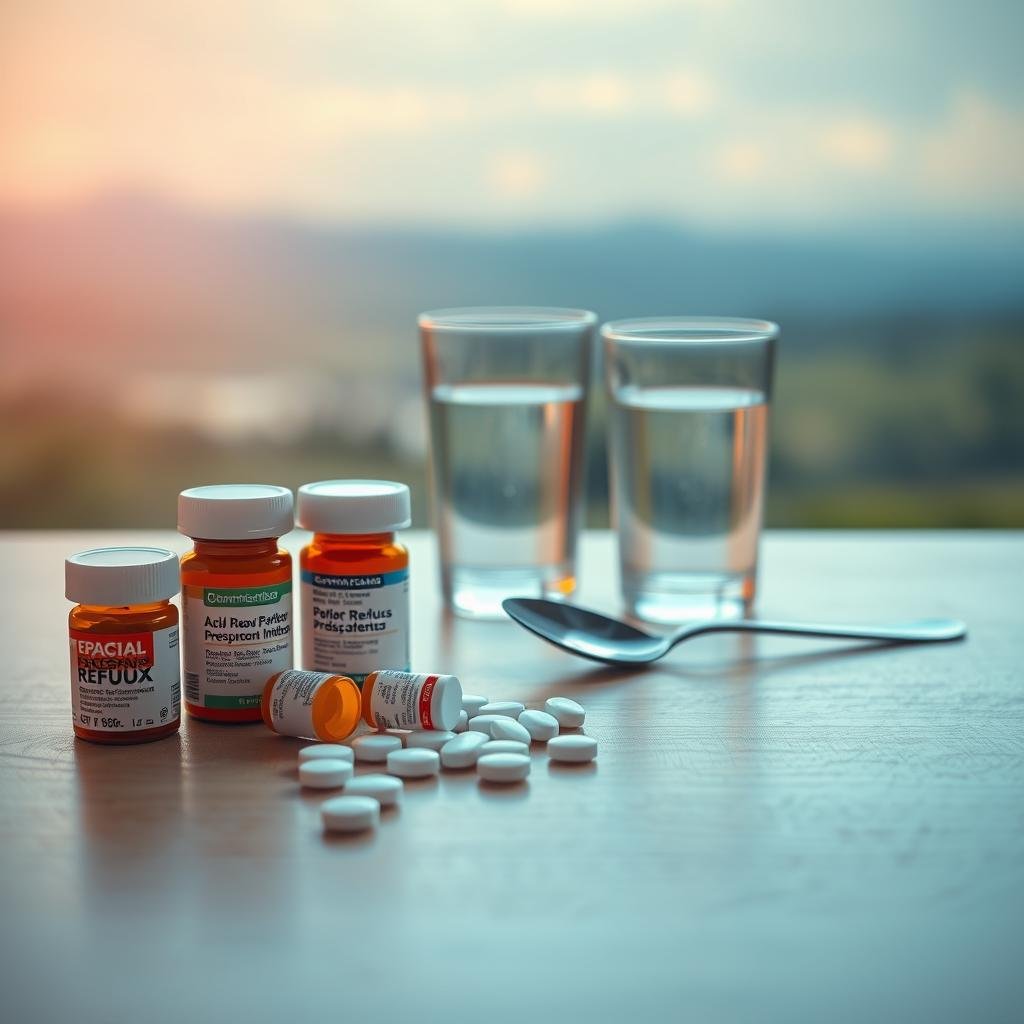 Prescription medications for acid reflux, meticulously arranged on a clean, well-lit wooden surface. In the foreground, an assortment of gastric medications, such as proton-pump inhibitors and H2 blockers, neatly laid out. In the middle ground, a glass of water and a spoon, suggesting the proper administration of these treatments. The background features a soothing, blurred landscape, conveying a sense of tranquility and relief from the discomfort of nighttime reflux. The overall scene is captured with a soft, warm lighting that enhances the therapeutic nature of the subject matter, encouraging a feeling of hope and effective management of this condition.