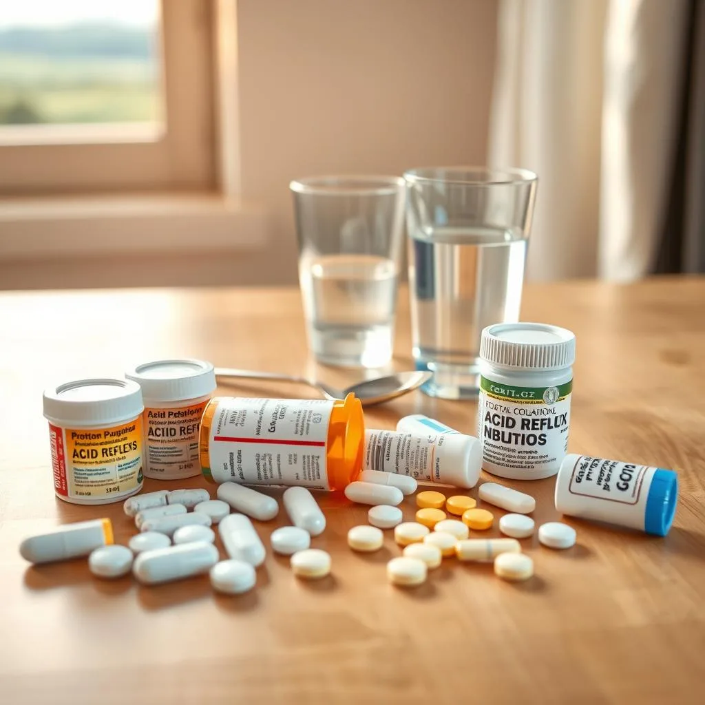 Prescription medications for acid reflux, meticulously arranged on a clean, well-lit wooden surface. In the foreground, an assortment of gastric medications, such as proton-pump inhibitors and H2 blockers, neatly laid out. In the middle ground, a glass of water and a spoon, suggesting the proper administration of these treatments. The background features a soothing, blurred landscape, conveying a sense of tranquility and relief from the discomfort of nighttime reflux. The overall scene is captured with a soft, warm lighting that enhances the therapeutic nature of the subject matter, encouraging a feeling of hope and effective management of this condition. Prescription medications for acid reflux, meticulously arranged on a clean, well-lit wooden surface. In the foreground, an assortment of gastric medications, such as proton-pump inhibitors and H2 blockers, neatly laid out. In the middle ground, a glass of water and a spoon, suggesting the proper administration of these treatments. The background features a soothing, blurred landscape, conveying a sense of tranquility and relief from the discomfort of nighttime reflux. The overall scene is captured with a soft, warm lighting that enhances the therapeutic nature of the subject matter, encouraging a feeling of hope and effective management of this condition.