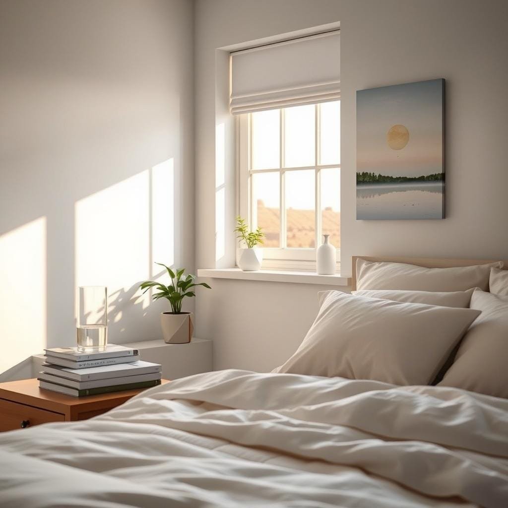 Serene bedroom at dawn, filled with soft natural light. On the nightstand, a stack of books and a glass of water, radiating a sense of tranquility. In the foreground, a comfortable bed with plush bedding and several pillows arranged neatly. On the wall, a soothing nature-inspired artwork depicting a calming landscape. A small houseplant on the windowsill, adding a touch of greenery. The overall atmosphere is one of relaxation and mindfulness, conveying effective sleep hygiene tips for better sleep.