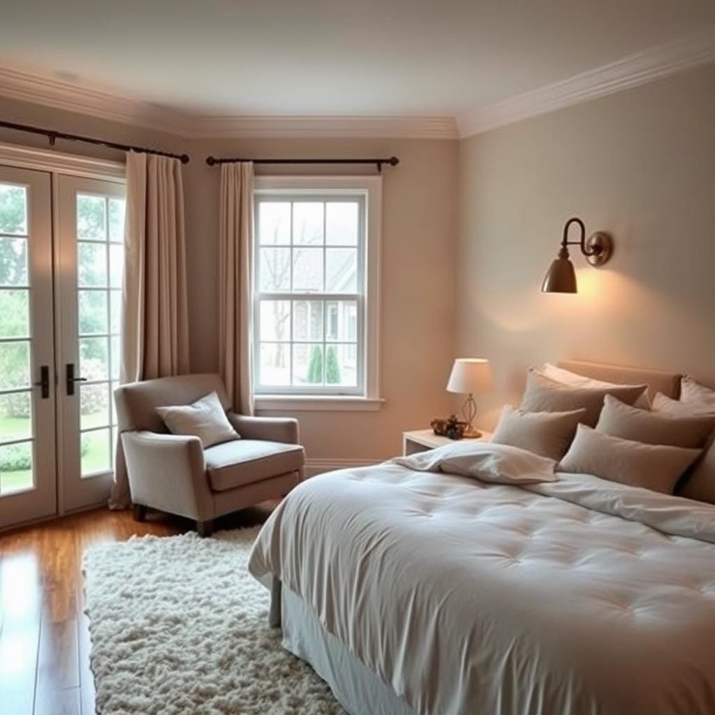 Soft, cozy bedroom with plush bedding and pillows in warm, neutral tones. Ambient lighting from a wall-mounted sconce casts a gentle, soothing glow. A comfortable, oversized armchair sits in the corner, inviting relaxation. Large, double-hung windows allow natural light to filter in, giving the space an airy, tranquil feel. Hardwood floors are covered by a plush area rug, providing a cozy, grounding surface. The overall atmosphere is serene, calming, and conducive to restful napping.