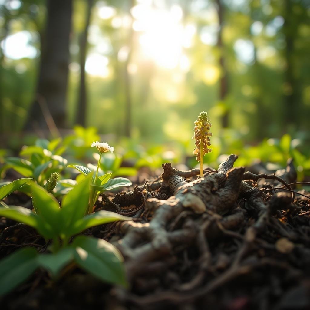 Valerian root in a serene, natural setting. A close-up view of the fragrant, earthy-toned roots in the foreground, with lush green leaves and tiny white flowers emerging from the soil. The background is softly blurred, depicting a tranquil forest scene with dappled sunlight filtering through the canopy. The lighting is warm and gentle, creating a soothing, calming atmosphere that reflects the sleep-promoting properties of this ancient herbal remedy.