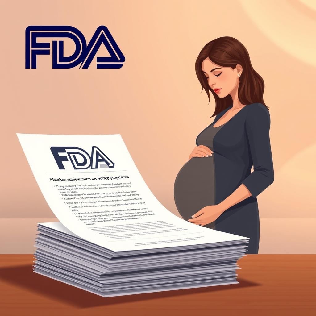 a highly detailed, photorealistic illustration of the FDA's official guidelines and recommendations regarding the safe use of melatonin supplements during pregnancy. the image should feature a clean, minimalist design with the FDA logo prominently displayed. in the foreground, there should be a stack of official FDA documents or a digital display showcasing the key points of the guidelines, presented in a clear and easy-to-understand manner. the middle ground should depict a pregnant woman, dressed professionally, reviewing the guidelines with a thoughtful, focused expression. the background should have a serene, warm lighting that conveys a sense of authority and trustworthiness. the overall atmosphere should be one of informative professionalism, providing a visual representation of the FDA's expert advice on this important health topic.